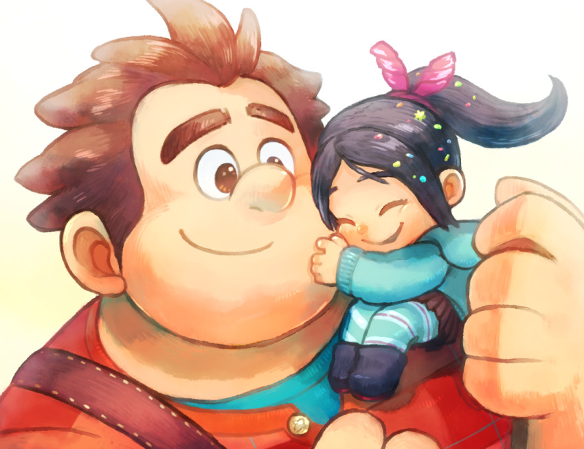 1boy 1girl aqua_hoodie black_footwear black_hair brown_hair brown_skirt child closed_eyes closed_mouth commentary_request forehead frilled_skirt frills glitter hair_ornament happy hug long_hair long_sleeves looking_at_another overalls red_overalls short_hair simple_background size_difference skirt smile socks spiked_hair striped_clothes striped_socks thick_eyebrows upper_body vanellope_von_schweetz white_background wreck-it_ralph wreck-it_ralph_(character) yanedx