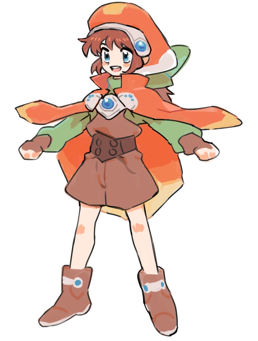 1girl :d blue_eyes blush_stickers boots brown_boots brown_hair brown_overalls cape full_body gan2 green_shirt hat high_collar highres legs_apart long_hair long_sleeves marguerite_fatima open_mouth orange_cape orange_hat overalls round_teeth shirt simple_background smile solo standing teeth turtleneck turtleneck_shirt upper_teeth_only white_background xenogears