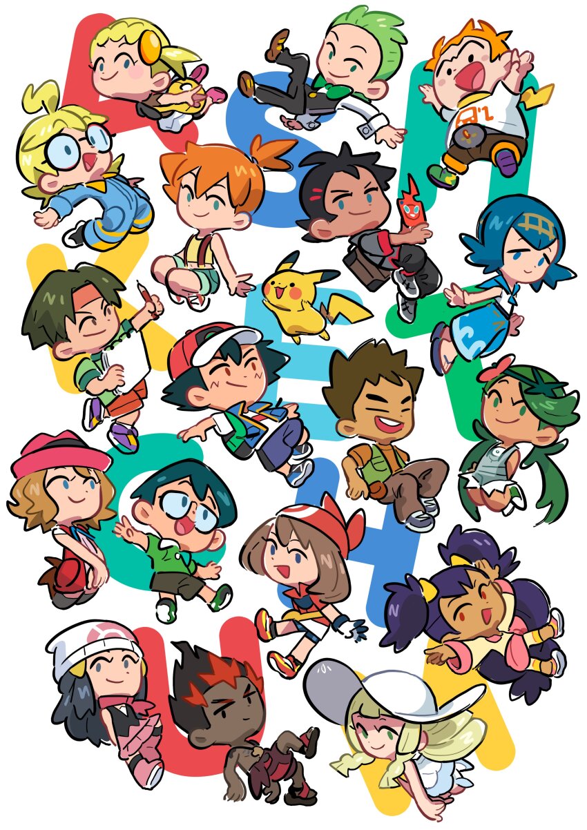 6+boys 6+girls absurdres anjohink ash_ketchum bag baseball_cap black_hair blonde_hair blue_hair bonnie_(pokemon) brock_(pokemon) brown_hair chibi cilan_(pokemon) clemont_(pokemon) dark-skinned_female dark-skinned_male dark_skin dawn_(pokemon) gen_1_pokemon gen_4_pokemon glasses goh_(pokemon) green_hair hat highres iris_(pokemon) jumpsuit kiawe_(pokemon) lana_(pokemon) lillie_(pokemon) long_hair mallow_(pokemon) max_(pokemon) may_(pokemon) misty_(pokemon) multiple_boys multiple_girls nintendo open_mouth orange_hair pikachu pokemon pokemon_(anime) pokemon_(classic_anime) pokemon_(creature) pokemon_bw_(anime) pokemon_dppt_(anime) pokemon_journeys pokemon_rse_(anime) pokemon_sm_(anime) pokemon_xy_(anime) ponytail purple_hair rotom rotom_phone serena_(pokemon) smile sophocles_(pokemon) tracey_sketchit trevor_(pokemon) twintails