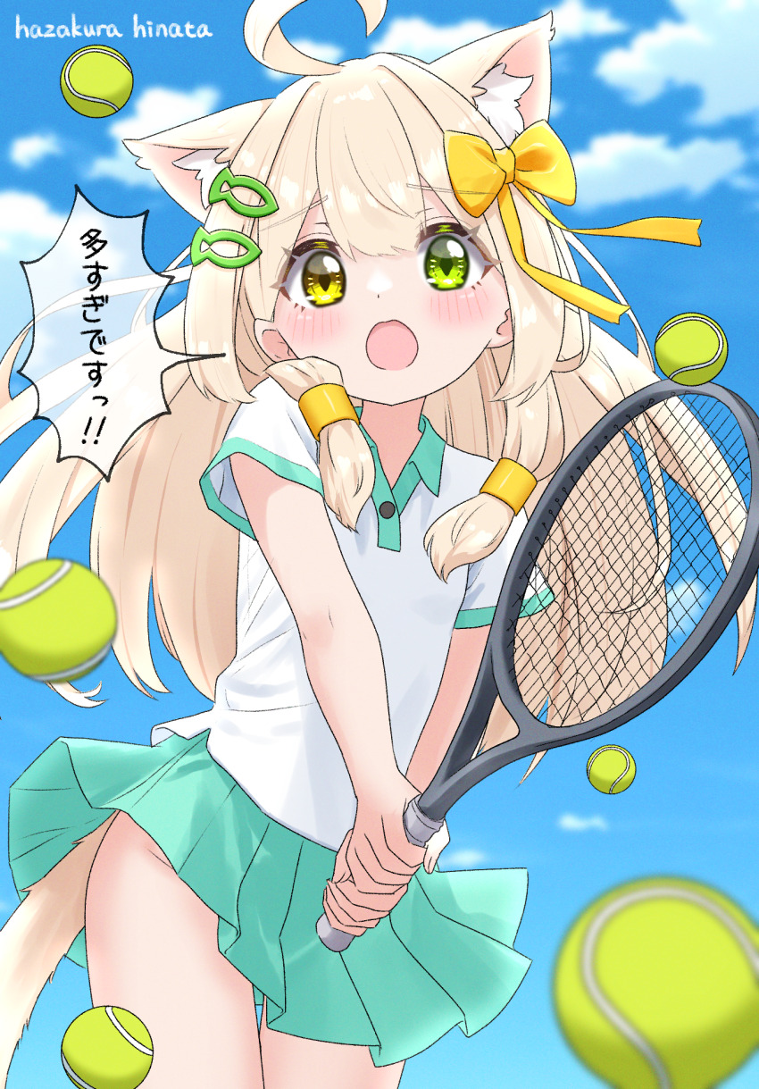 1girl :o ahoge animal_ears aqua_skirt artist_name ball bare_arms blush bow cat_ears cat_girl cat_tail cowboy_shot fish_hair_ornament flat_chest green_eyes hair_bow hair_ornament hair_tubes hazakura_hinata heterochromia highres holding_tennis_racket kurumi_(hazakura_hinata) long_hair looking_at_viewer miniskirt original pleated_skirt polo_shirt racket shirt short_sleeves skirt solo speech_bubble sportswear tail tail_under_clothes tennis_ball tennis_racket tennis_uniform translation_request white_shirt yellow_bow yellow_eyes