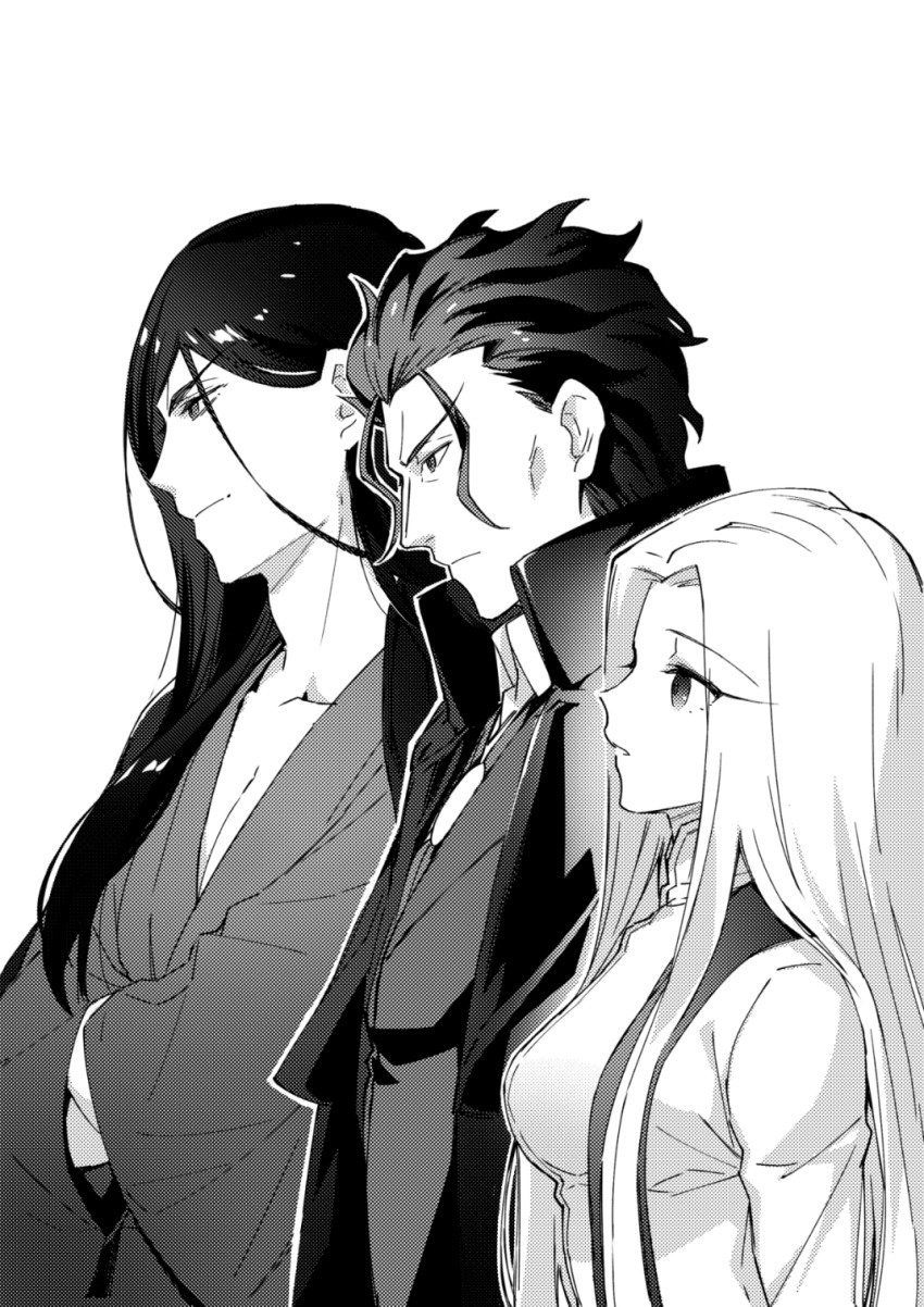 1girl 2boys breasts cheekbones coat commentary_request crossed_arms empty_eyes fate/grand_order fate/stay_night fate_(series) frown greyscale hands_in_opposite_sleeves highres japanese_clothes justeaze_lizrich_von_einzbern large_breasts long_hair makiri_zolgen monochrome multiple_boys tohsaka_nagato ycco_(estrella)