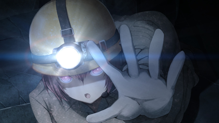 :o akiha_rumiho bent_over black_boots boots breast_pocket breasts brown_jacket brown_shirt cargo_pants crack cracked_floor cracked_wall dim_lighting flashlight flashlight_beam game_cg gloves hair_between_eyes hard_hat helmet highres huke jacket kneeling long_hair looking_at_viewer medium_breasts microphone night official_art open_collar open_mouth palms pants pink_eyes pink_hair pocket reaching reaching_towards_viewer ringed_eyes rubble shiny_lips shirt short_hair square_pupils steins;gate steins;gate:_linear_bounded_phenogram teeth tongue torch tsurime underground upper_teeth_only wavy_mouth white_gloves yellow_helmet