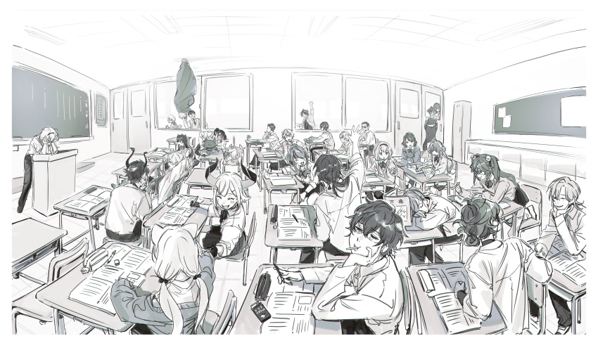 6+boys 6+girls :d absurdres alternate_costume amamiya_kokoro ange_katrina animal_ears annotated arm_up asymmetrical_horns bell book bow bowtie cardigan chair chalkboard chibikemo classroom closed_eyes closed_mouth crossdressing debidebi_debiru demon demon_tail demon_wings desk dog dola_(nijisanji) double_bun ex_albio fisheye frustrated fumino_tamaki gilzaren_iii gloves gwelu_os_gar hair_bell hair_bun hair_ornament hairband hanabatake_chaika hanging_from_ceiling happy head_on_hand head_on_hands highres holding holding_pen horns ibrahim_(nijisanji) indoors jump_(ah0029) kaisei_(nijisanji) kanae_(nijisanji) kenmochi_touya kuroi_shiba kuzuha_(nijisanji) lain_paterson lauren_iroas leaning_back leaning_forward leos_vincent levi_elipha long_hair looking_at_another looking_inside low_ponytail low_twintails lunlun_(nijisanji) medium_hair milan_kestrel miniskirt monochrome multicolored_hair multiple_boys multiple_girls nijisanji nijisanji_en nijisanji_kr on_chair open_book open_mouth pants pen pencil_case pleated_skirt pointy_ears ponytail ren_zotto saegusa_akina school_desk school_uniform sharp_teeth shiga_riko shiina_yuika shikinagi_akira shioriha_ruri shirt short_hair sitting_sideways sketch skirt sleeping smile streaked_hair sunglasses suo_sango tail talking teeth thighhighs twintails twisty_amanozako uneven_horns upside-down virtual_youtuber waving window wings yang_nari yashiro_kizuku