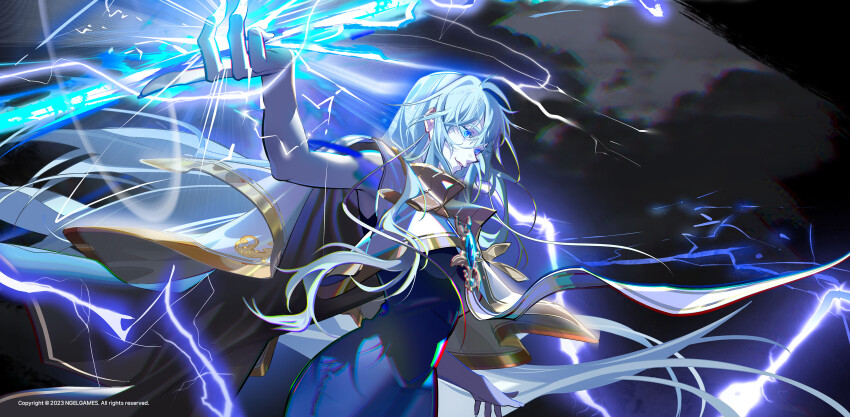 1girl absurdres arm_at_side arm_up blue_brooch blue_dress blue_eyes breasts brooch cape collared_cape colored_eyelashes daymera dress electricity electrokinesis energy_spear eye_symbol floating floating_hair game_cg gem glowing glowing_eyes highres holding holding_polearm holding_weapon jewelry khun_maschenny_zahard lightning long_hair official_art pale_skin polearm shadow shinsoo_(tower_of_god) sidelighting sidelocks simple_background sleeveless sleeveless_dress smile solo spear teeth tower_of_god tower_of_god:_great_journey weapon white_cape