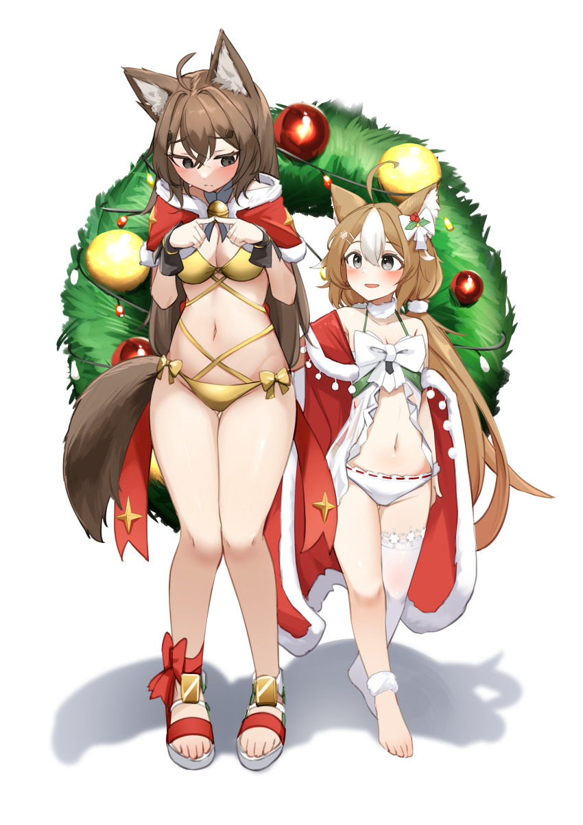 2girls absurdres animal_ears asymmetrical_legwear barefoot bikini breasts brown_hair christmas christmas_wreath cleavage daebom full_body girls&#039;_frontline girls&#039;_frontline_neural_cloud gold_bikini hair_ornament hannah_(neural_cloud) highres light_brown_hair long_hair multicolored_hair multiple_girls navel official_alternate_costume panties ribbon sandals standing swimsuit tail turing_(neural_cloud) underwear white_hair white_panties wreath