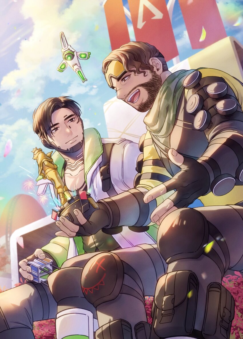2boys absurdres animification apex_legends black_gloves black_hair black_pants black_vest bodysuit brown_eyes brown_hair checkered_clothes checkered_scarf cloud collarbone confetti crypto_(apex_legends) dbox_2525 facial_hair fingerless_gloves gloves goatee green_scarf hack_(apex_legends) hair_behind_ear highres holding holding_trophy in-universe_location jacket knee_pads looking_to_the_side male_focus mirage_(apex_legends) multiple_boys non-humanoid_robot olympus_(apex_legends) open_mouth pants robot scarf sitting sky smile too_much_witt trophy vest white_jacket yellow_bodysuit