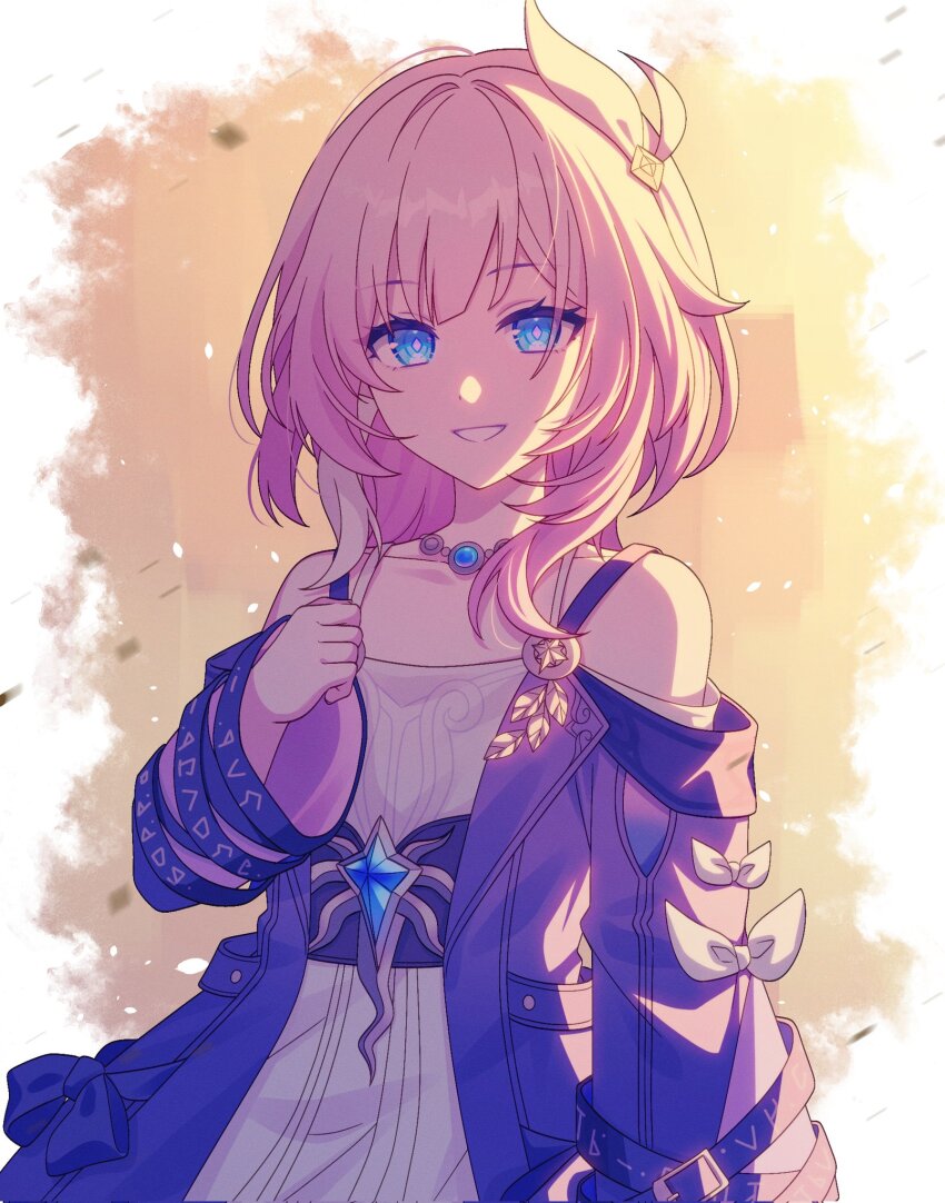 1girl blue_eyes breasts coat commentary_request cyrene_(honkai:_star_rail) diamond-shaped_pupils diamond_(shape) dress hair_ornament highres honkai:_star_rail honkai_(series) jewelry looking_at_viewer medium_hair necklace parted_lips pink_hair pink_pupils pochimaru_(marumaru_wanwan) purple_coat small_breasts smile solo symbol-shaped_pupils upper_body white_dress