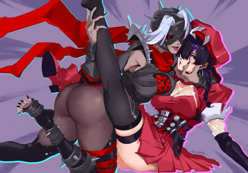 2girls ass breasts clays_(clayschan) cleavage dress hat highres kneehighs looking_at_viewer malice_(sue_storm) marvel marvel_rivals multiple_girls over-kneehighs pantyhose psylocke psylocke_(blood_kariudo) purple_background purple_eyes purple_hair red_dress red_eyes red_hat socks sue_storm tan thighhighs thighs tongue tongue_out white_hair yuri
