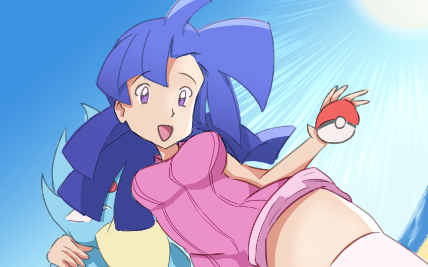 1girl blue_hair breasts ev120 gen_1_pokemon golduck grabbing_another&#039;s_shoulder highres marina_(pokemon_ep091) nintendo poke_ball pokemon pokemon_(anime) pokemon_(classic_anime) pokemon_ep091 purple_eyes short_jumpsuit spiked_hair thighhighs wide_hips