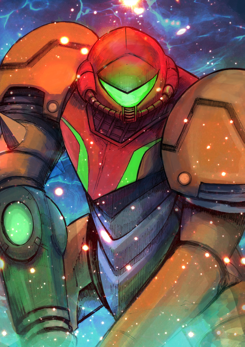 1girl absurdres aki-t_(akitbfpf144) arm_cannon armor assault_visor facing_viewer full_armor helmet highres metroid nintendo orange_armor power_armor power_suit_(metroid) samus_aran solo varia_suit weapon