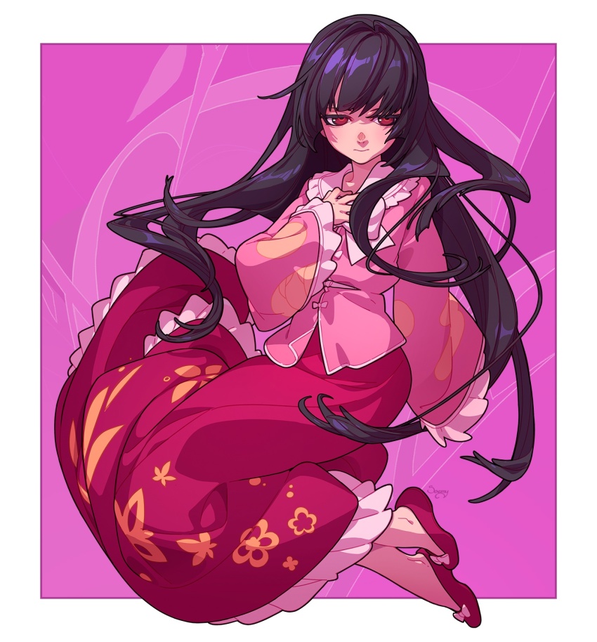 1girl black_hair border bow brown_eyes closed_mouth color_wheel_challenge dress floral_print floral_print_skirt footwear_bow frilled_dress frilled_sleeves frills hand_on_own_chest highres houraisan_kaguya long_hair long_skirt looking_at_viewer multiple_drawing_challenge pink_background pink_shirt pink_theme red_footwear shirt skirt soemy touhou very_long_hair white_border wide_sleeves