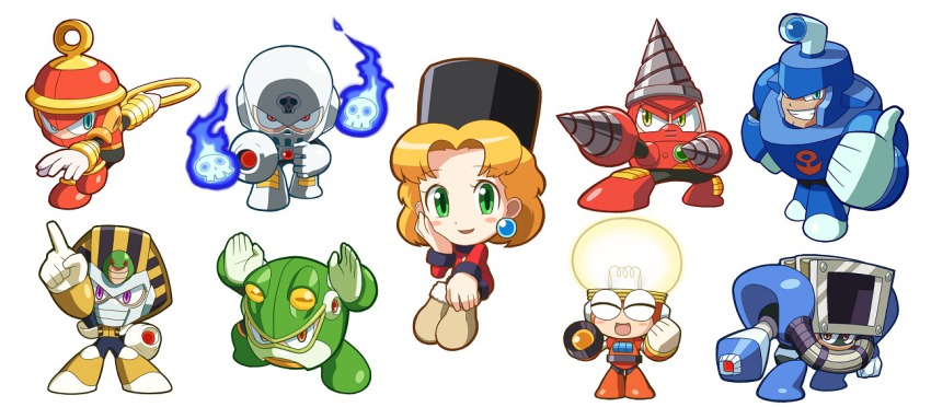 1girl :d ^_^ anchor_symbol ancient_egyptian android arm_cannon blonde_hair blue_eyes blush_stickers boots bright_man brown_eyes capcom chibi clenched_hand closed_eyes dive_man drill drill_man dual_wielding dust_man earrings everyone fighting_stance fire fur_trim glowing green_eyes grin hand_on_own_cheek hand_on_own_face hand_on_own_hip hat holding jewelry kalinka_cossack_(mega_man) kin_niku light_bulb looking_at_viewer mega_man:_powered_up mega_man_(classic) mega_man_(series) mega_man_4 open_mouth orange_eyes pharaoh_man pointing purple_eyes red_eyes ring ring_man robot short_hair simple_background sitting skull skull_man smile snake standing thumbs_up toad_(animal) toad_man vacuum_cleaner weapon white_background yellow_eyes
