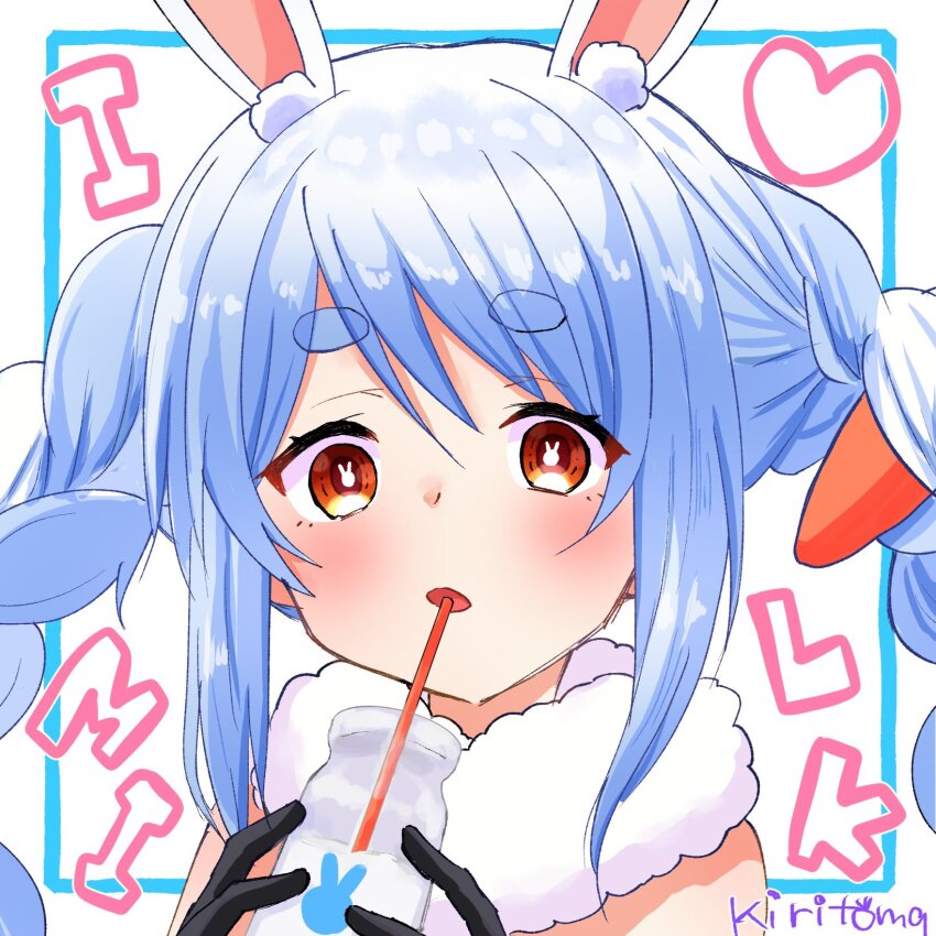 1girl animal_ear_fluff animal_ears black_gloves blue_hair bottle braid carrot_hair_ornament commentary_request don-chan_(usada_pekora) drinking_straw english_text food-themed_hair_ornament gloves hair_ornament highres holding holding_bottle hololive i_heart... kiritoma long_hair looking_at_viewer milk_bottle multicolored_hair parted_lips rabbit_ears signature solo twin_braids twintails two-tone_hair upper_body usada_pekora usada_pekora_(1st_costume) virtual_youtuber white_background white_hair