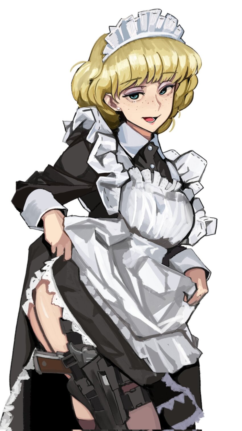 1girl apron blonde_hair blue_eyes clothes_lift collared_dress commentary_request dress eyebrows_visible_through_hat freckles frilled_apron frills garter_straps gun handgun highres holster irene_sanders m1911 maid maid_apron maid_headdress open_mouth short_hair solo suna_no_bara thigh_holster wani_(perfect_han) weapon white_background