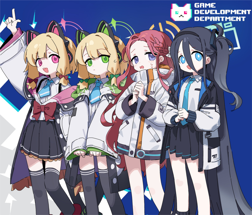 4girls :d absurdly_long_hair animal_ear_headphones animal_ears aqua_eyes aqua_halo aris_(blue_archive) arm_up black_hair black_hairband black_shorts black_skirt black_socks black_thighhighs blonde_hair blue_archive blue_background blue_jacket blue_necktie bow braid bright_pupils buttons cat_ear_headphones cat_ears cat_tail chinese_commentary clenched_hands closed_mouth collared_shirt commentary_request dress_shirt fake_animal_ears fake_tail feet_out_of_frame forehead frilled_jacket frilled_skirt frills game_development_department_(blue_archive) green_bow green_eyes green_halo green_jacket hair_between_eyes hair_bow hairband halo hands_up headphones highres hood hood_down hooded_jacket jacket long_bangs long_hair long_hair_between_eyes long_sleeves looking_at_viewer low-tied_sidelocks midori_(blue_archive) millennium_science_school_logo momoi_(blue_archive) multicolored_jacket multiple_girls multiple_hair_bows necktie off_shoulder one_side_up open_clothes open_jacket open_mouth own_hands_together parted_bangs pink_eyes pink_halo pink_jacket pleated_skirt pocket pointing pointing_up power_symbol puffy_long_sleeves puffy_sleeves purple_eyes rectangular_halo red_bow red_hair school_uniform sh_(shinh) shirt shirt_tucked_in short_hair short_necktie shorts siblings sidelocks sisters skirt sleeves_past_wrists smile socks standing suspender_skirt suspenders sweat tail teeth thighhighs twins two-sided_fabric two-sided_jacket unbuttoned upper_teeth_only very_long_hair wavy_mouth white_bow white_jacket white_pupils white_shirt wide_sleeves yellow_halo yellow_jacket yuzu_(blue_archive)