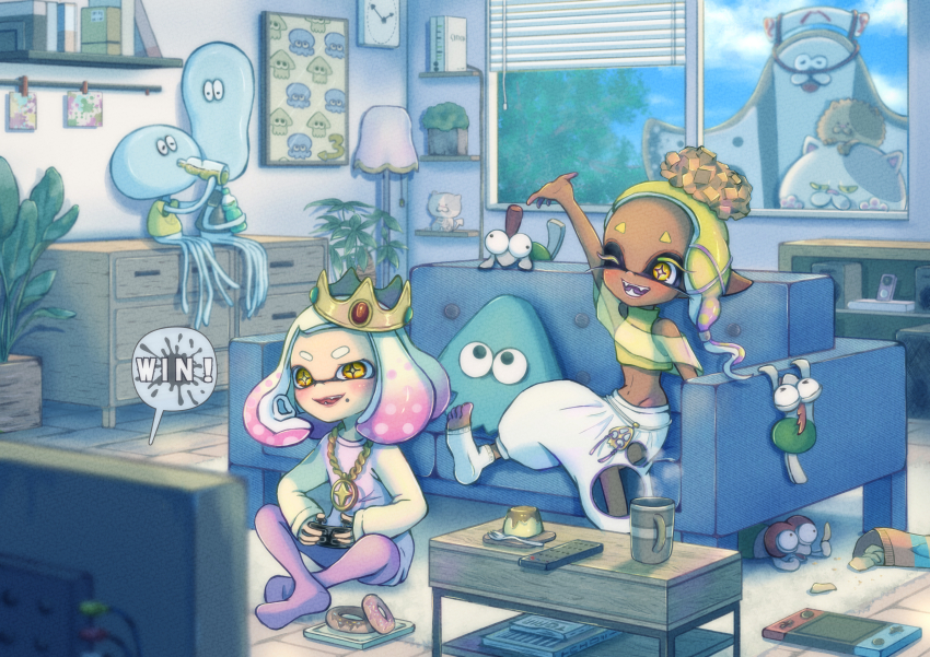 2girls :d absurdres analog_clock arm_up asymmetrical_hair bag bag_of_chips bare_shoulders big_man_(splatoon) black_shirt blonde_hair blue_sky blurry blurry_foreground blush book bottle character_doll chips_(food) clock cloud coffee_table colored_tongue commentary_request controller couch crop_top cross-shaped_pupils crown cup dark-skinned_female dark_skin day digital_media_player donut drawer drink drinking eyelashes fangs feet flat_screen_tv food food-themed_hair_ornament forehead frye_(deep_cut_outfit)_(splatoon) frye_(splatoon) game_controller gold_necklace gradient_hair green_shirt hair_ornament handheld_game_console harem_pants highres hokkamuri holding holding_bottle holding_controller holding_food holding_game_controller indoors inkling jellyfish_(splatoon) jewelry judd_(splatoon) lamp li&#039;l_judd_(splatoon) long_hair long_sleeves medium_hair midriff mohawk moromi_(kscd4482) mug multicolored_hair multiple_girls navel necklace nintendo on_couch on_floor one_eye_closed open_mouth pants pantyhose pearl_(mc.princess)_(splatoon) pearl_(splatoon) peeking photo_(object) picture_frame pink_hair pink_pantyhose plant plate playing_games potato_chips potted_plant pudding purple_hair purple_tongue red_hair remote_control rug scenery shawl shelf shirt short_eyebrows short_sleeves sky sleeveless sleeveless_shirt sleeveless_turtleneck slice_of_life smallfry_(splatoon) smile socks speaker speech_bubble splatoon_(series) splatoon_2 splatoon_3 spoon steam stomach stuffed_toy symbol-shaped_pupils t-shirt table teeth television tempura tentacle_hair thick_eyebrows tilted_headwear toeless_legwear toes turtleneck wall_clock white_hair white_pants white_socks window window_blinds yellow_eyes yellow_shawl yellow_shirt