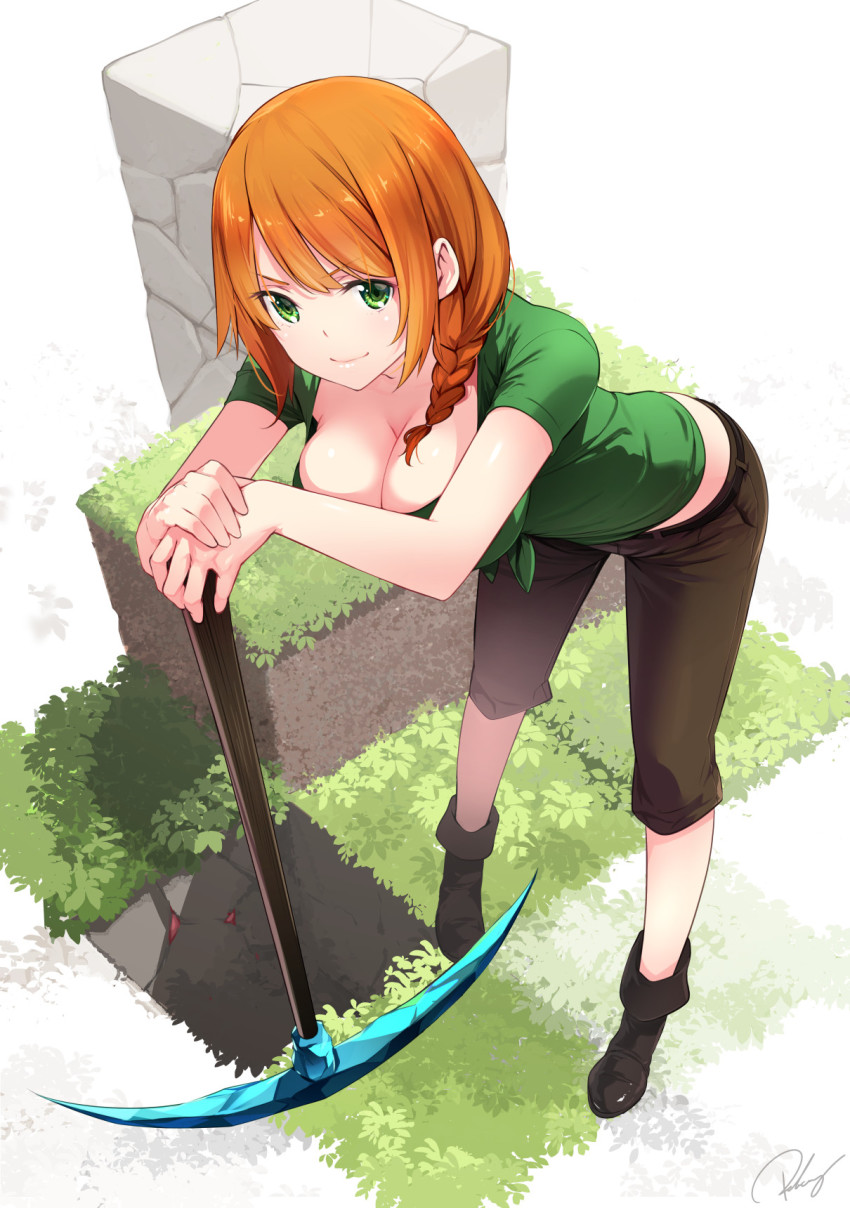 1girl alex_(minecraft) artist_name belt blonde_hair boots braid breasts cleavage cobblestone eyebrows grass green_eyes green_shirt highres large_breasts looking_at_viewer minecraft multicolored_hair orange_hair pants pickaxe ponytail re_lucy shirt short short_shorts short_sleeves shorts simple_background smile standing stone streaked_hair tied_shirt white_background