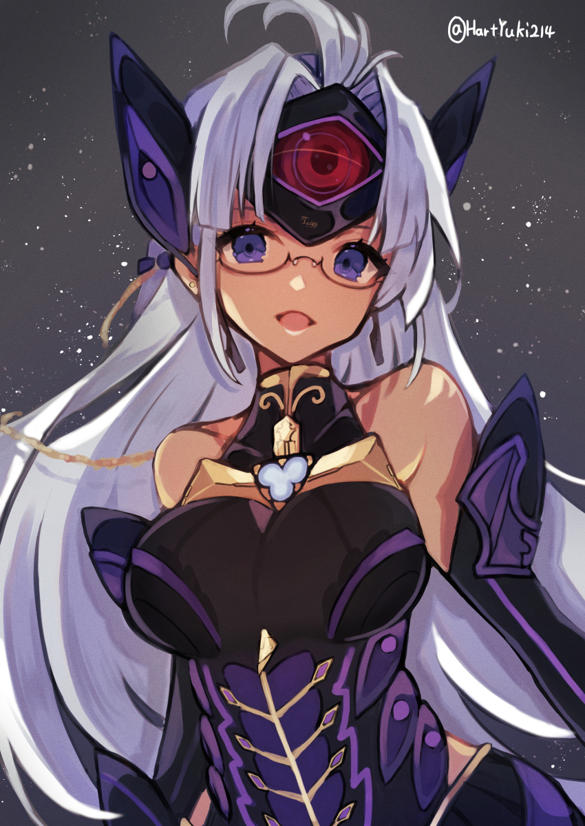 absurdres android breasts chest_jewel cyborg dark-skinned_female dark_skin forehead_protector glasses grey_hair haruto_yuki highres large_breasts long_hair purple_eyes solo t-elos t-elos_re: very_long_hair xenoblade_chronicles_(series) xenoblade_chronicles_2 xenosaga