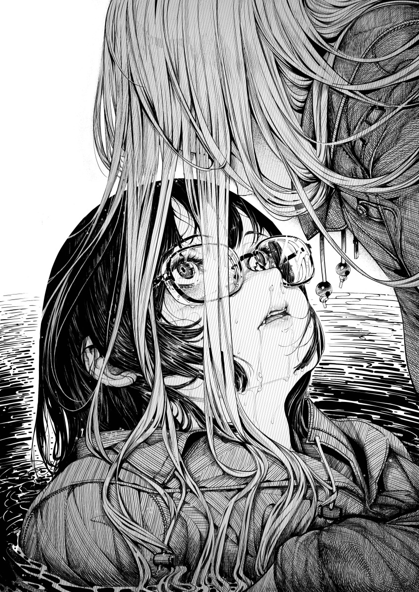 2girls absurdres black_hair glasses greyscale hair_in_own_mouth highres kamikoshi_sorawo long_hair looking_at_another monochrome multiple_girls nishina_toriko nostrils novel_illustration official_art open_mouth ripples shirakaba short_hair teeth urasekai_picnic water