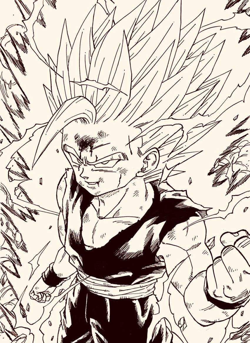 1boy aura blood blood_from_mouth blood_on_face bruise clenched_hand dougi dragon_ball dragonball_z highres injury lee_(dragon_garou) male_focus monochrome muscular muscular_child nib_pen_(medium) pen_(medium) smile solo son_gohan spiked_hair super_saiyan super_saiyan_2 toriyama_akira_(style) traditional_media wristband