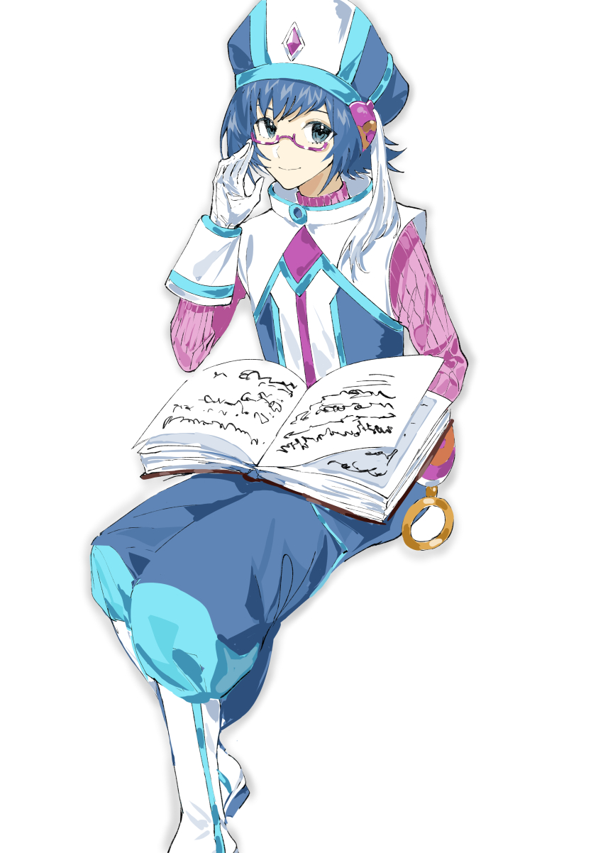 absurdres adjusting_eyewear baggy_pants bespectacled blue_eyes blue_hair blue_hat blue_pants blue_vest book boots capelet cardfight!!_vanguard character_request closed_mouth cosplay glasses gloves hair_ornament hand_on_eyewear happy hat highres knee_boots mitre morgue_(southsakura) open_book pants pink_sweater purple-framed_eyewear sendou_aichi short_hair simple_background sleeve_cuffs smile sweater swept_bangs tassel tassel_hair_ornament turtleneck turtleneck_sweater two-tone_headwear vest white_background white_boots white_capelet white_gloves white_hat white_sleeve_cuffs