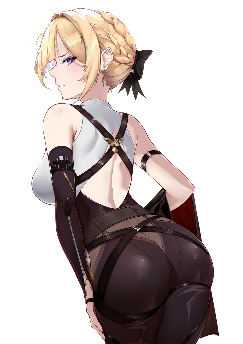 1girl absurdres arm_strap ass back bare_shoulders black_pants black_ribbon breasts coat commentary cowboy_shot earrings elbow_gloves english_commentary evelyn_chevalier from_behind gloves hair_intakes hair_ribbon hand_on_own_leg high-waist_pants highres holding holding_coat holding_unworn_clothes jewelry large_breasts latex_pants looking_back pants parted_lips purple_eyes ribbon shirt sideways_glance simple_background single_elbow_glove sleeveless sleeveless_shirt solo thaigermane tight_clothes tight_pants unworn_coat white_background white_shirt zenless_zone_zero