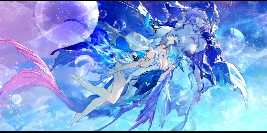 2girls absurdres armlet bare_legs barefoot blue_hair blue_skin blue_theme blue_veil breasts bubble chinese_commentary colored_eyelashes colored_skin commentary_request dress flying hand_up highres jewelry large_breasts legs long_hair looking_at_another lorelei_(wuthering_waves) monster_girl multiple_girls purple_eyes shorekeeper_(wuthering_waves) sleeveless sleeveless_dress swd3e2 veil white_dress white_veil wuthering_waves
