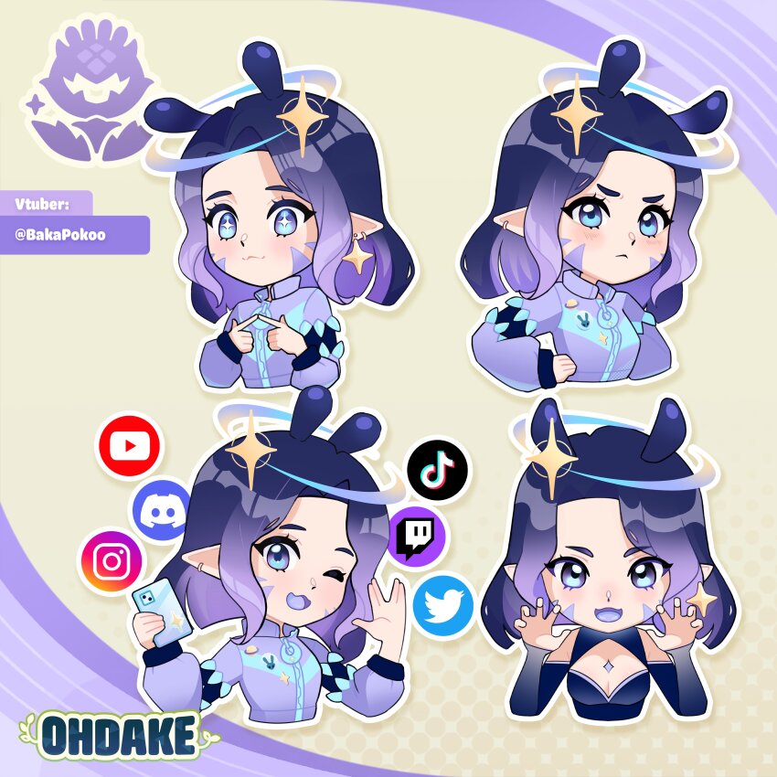 1girl :&lt; :3 absurdres angry animal_print bare_shoulders blue_eyes blue_hair blue_jacket blue_tongue breasts cellphone claw_pose cleavage cleavage_cutout clothing_cutout colored_tongue commentary curtained_hair discord_logo earrings english_commentary facial_mark gradient_hair halo hand_on_own_hip hands_up highres holding holding_phone index_fingers_together indie_virtual_youtuber instagram_logo jacket jewelry joku_(ohdake_studio) long_sleeves looking_at_viewer medium_breasts medium_hair multicolored_hair multiple_expressions multiple_views ohdake_studio one_eye_closed outline parted_hair phone planet_print pointy_ears poko_bun purple_background purple_hair rabbit_print salute sleeves_past_wrists smartphone star-shaped_pupils star_(symbol) star_earrings star_halo star_print symbol-shaped_pupils tiktok_logo twitch_logo twitter_logo twitter_username two-tone_background two-tone_hair upper_body v-shaped_eyebrows virtual_youtuber vulcan_salute whisker_markings white_background white_outline youtube_logo zipper zipper_pull_tab