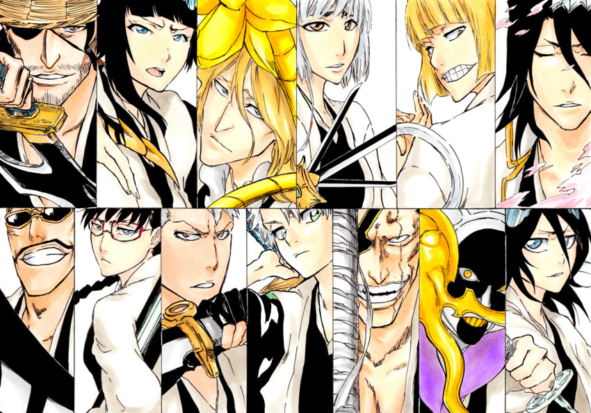 4girls 6+boys :&lt; aqua_eyes asymmetrical_hair black_hair bleach bleach:_epilogue blunt_bangs braid breasts closed_eyes colored_teeth eyepatch facial_hair furrowed_brow glasses hair_between_eyes hair_ornament haori hirako_shinji hitsugaya_toushirou holding holding_sword holding_weapon iba_tetsuzaemon japanese_clothes ken&#039;ichi_(ken1ro_u) kotetsu_isane kuchiki_byakuya kuchiki_rukia kurotsuchi_mayuri kyouraku_shunsui large_breasts looking_at_viewer muguruma_kensei multiple_boys multiple_girls mustache nose ootoribashi_roujuurou open_mouth orange_eyes parted_lips petals scar shikai shinigami short_hair_with_long_locks simple_background single_braid smile spoilers stubble sui-feng sunglasses sword taichou_haori teeth weapon white_background white_hair yadoumaru_lisa yellow_eyes yellow_teeth zaraki_kenpachi
