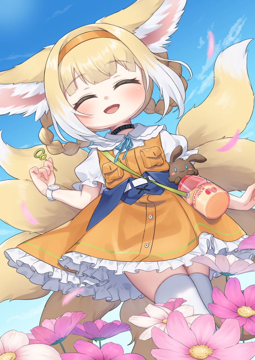 1girl absurdres animal_ears arknights blonde_hair blue_background blue_ribbon braid bubble_wand choshanland_plushy_(arknights) closed_eyes cloud collared_shirt commission commissioner_upload day dress flower fox_ears fox_girl frilled_dress frills hair_rings highres holding infection_monitor_(arknights) kitsune kokone_(coconeeeco) kyuubi looking_at_viewer multicolored_hair multiple_tails neck_ribbon non-web_source open_mouth orange_dress outdoors parted_lips pink_flower puffy_short_sleeves puffy_sleeves ribbon shirt short_sleeves sidelocks skeb_commission skindentation sleeveless sleeveless_dress solo standing stuffed_animal stuffed_rabbit stuffed_toy suzuran_(arknights) suzuran_(let&#039;s_carnival!)_(arknights) tail thighhighs twin_braids two-tone_hair white_flower white_hair white_shirt white_thighhighs