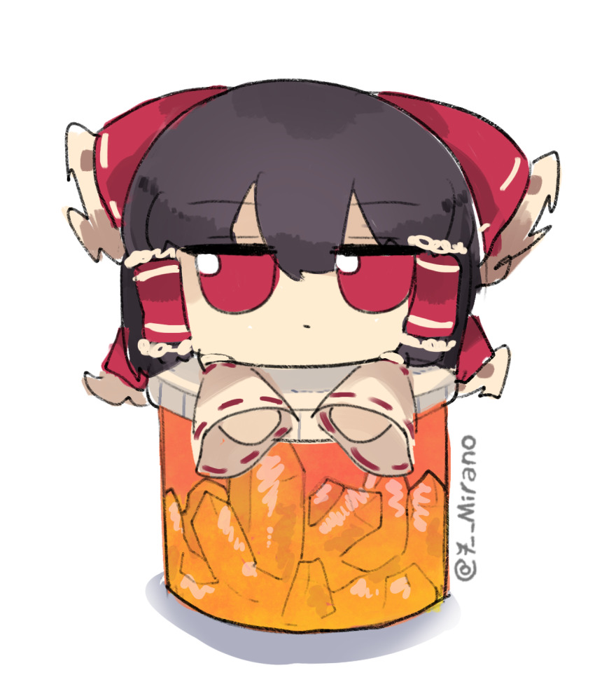 1girl 7-mirano bow brown_hair crystal detached_sleeves frilled_bow frilled_hair_tubes frills fumo_(doll) hair_bow hair_tubes hakurei_reimu highres jar red_bow red_eyes solo touhou