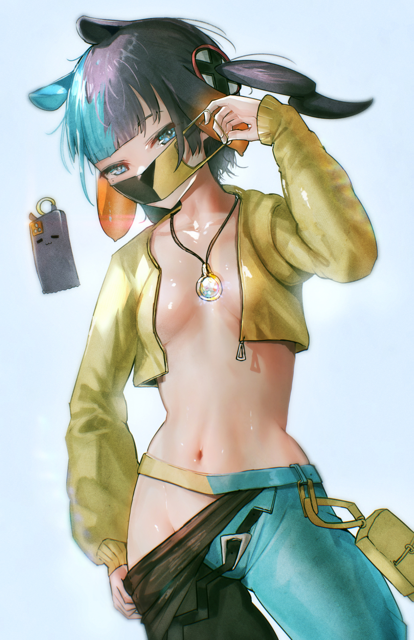 1girl absurdres advarcher aqua_hair belt blue_eyes blunt_bangs breasts canari_(pokemon) canari_(pokemon)_(cosplay) clothes_pull cosplay gradient_hair highres hololive hololive_english jacket long_hair mask_pull multicolored_hair navel ninomae_ina&#039;nis nintendo no_bra no_panties open_clothes open_jacket orange_hair pants pants_pull pokemon pokemon_legends:_z-a purple_hair shiny_skin solo standing tentacle_hair very_long_sleeves virtual_youtuber yellow_jacket