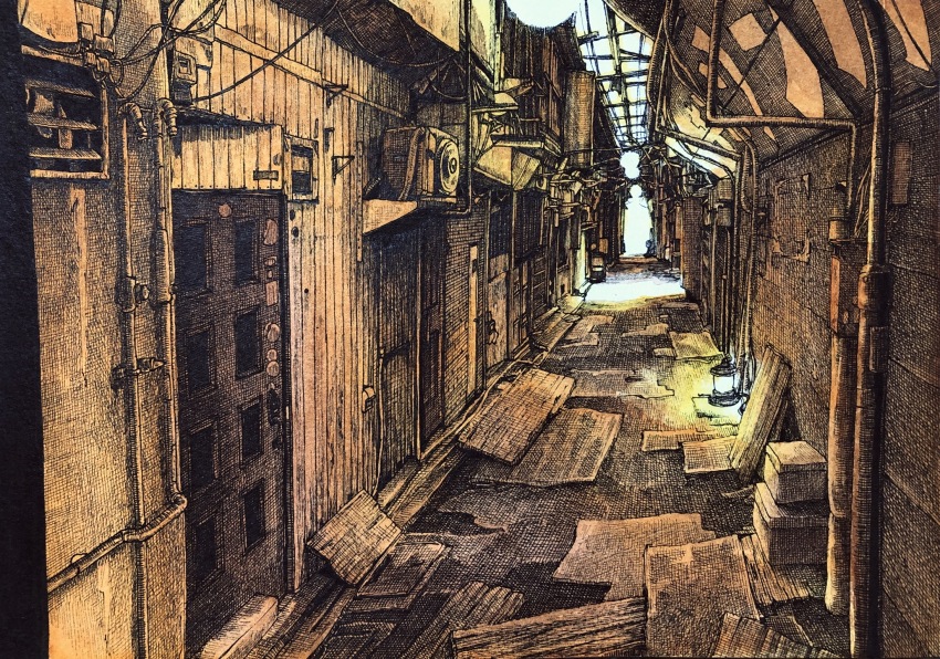 air_conditioner vent_(object) alley building door highres ibsukionsen lamp light no_humans original paint road scenery shadow street vent_(object) wooden_wall