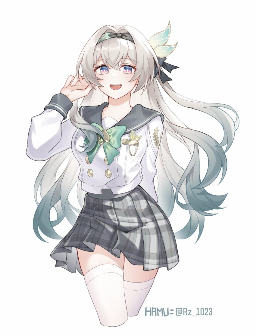 1girl artist_name black_hairband bow bowtie buttons commentary cropped_legs double-breasted firefly_(honkai:_star_rail) firefly_(spring_missive)_(honkai:_star_rail) green_bow green_bowtie green_hair grey_hair grey_skirt hairband hamu_(rz_1023) highres honkai:_star_rail honkai_(series) long_hair long_sleeves looking_at_viewer multicolored_hair official_alternate_costume plaid_clothes plaid_skirt pleated_skirt purple_eyes school_uniform shirt simple_background skirt solo symbol-only_commentary thighhighs twitter_username two-tone_hair white_background white_shirt white_thighhighs