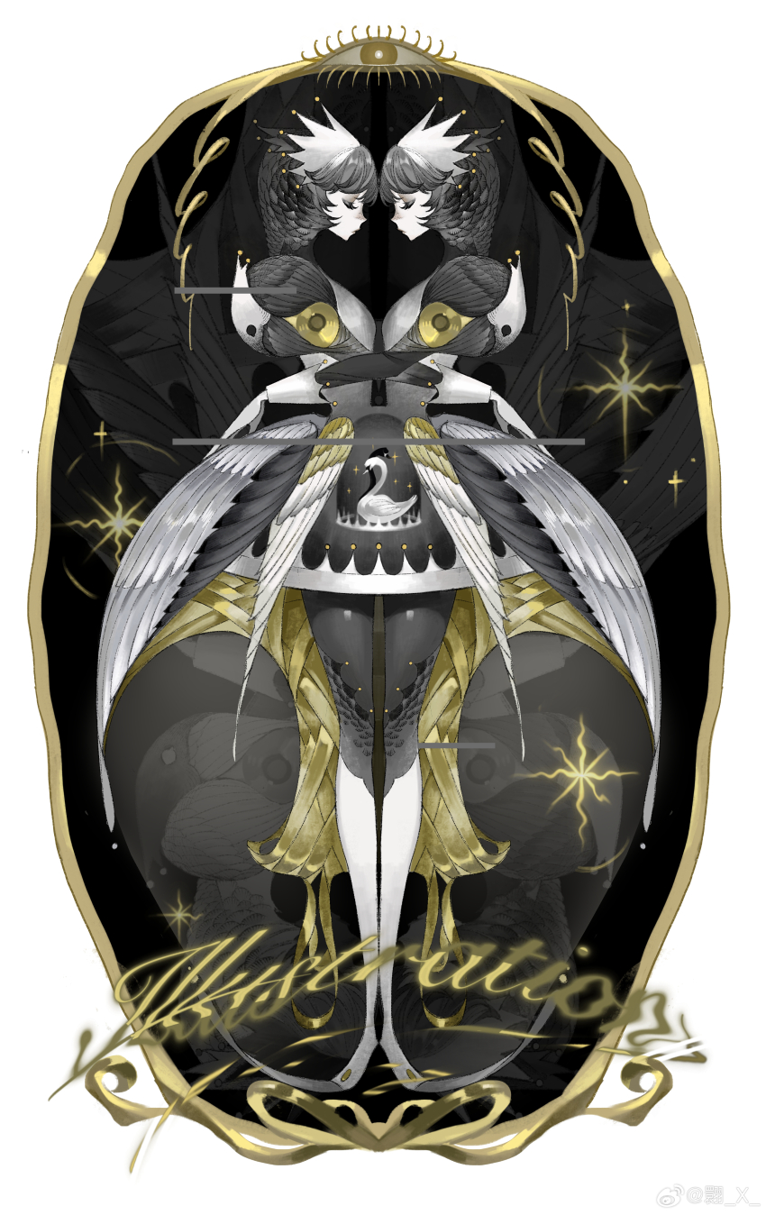 2girls absurdres bird black_hair black_swan_(bird) dress highres hug multiple_girls original siblings simple_background standing swan symmetry twins weibo_7548498834