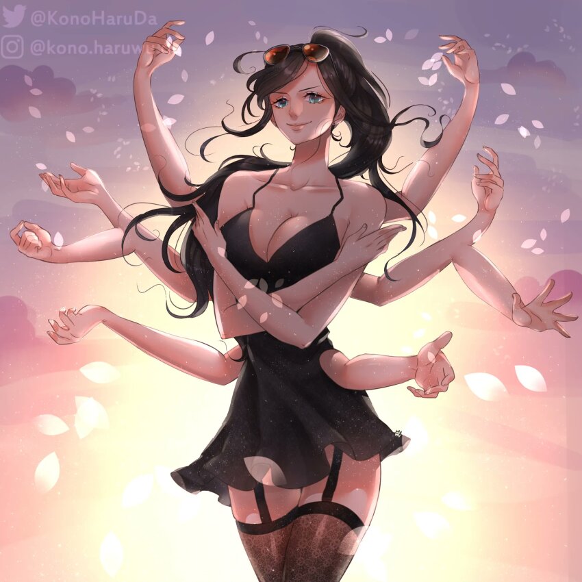 1girl alternate_legwear black_hair blue_eyes breasts cleavage collarbone cowboy_shot crossed_arms devil_fruit_power extra_arms eyewear_on_head garter_straps hana_hana_no_mi highres instagram_username konoharuda looking_at_viewer nico_robin nico_robin_(dressrosa) one_piece petals ponytail portuguese_commentary smile solo sunglasses sunset swept_bangs thighhighs twitter_username