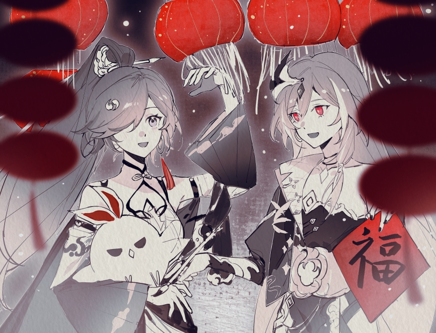 2girls animal arm_up china_dress chinese_clothes commentary dress earrings fu_hua fu_hua_(azure_empyrea) herrscher_of_sentience good_fortune_symbol grey_hair hair_ornament hair_over_one_eye hair_stick high_ponytail highres holding holding_animal honkai_(series) honkai_impact_3rd jewelry jingwei_(bird) lantern long_sleeves multiple_girls open_mouth ponytail red_eyes smile xinjinjumin4167464