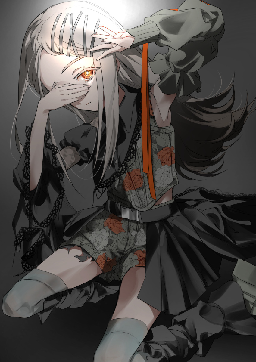 1girl absurdres armpits asymmetrical_clothes asymmetrical_sleeves belt black_belt commentary_request contrast_(idolmaster) covering_one_eye detached_sleeves expressionless floral_print gakuen_idolmaster grey_background grey_hair grey_thighhighs hair_ornament hairclip highres idolmaster lace lace-trimmed_shirt lace_trim long_hair looking_at_viewer mismatched_sleeves moffumoto official_alternate_costume orange_eyes orange_ribbon parted_lips ribbon shinosawa_hiro shirt shorts simple_background solo thighhighs
