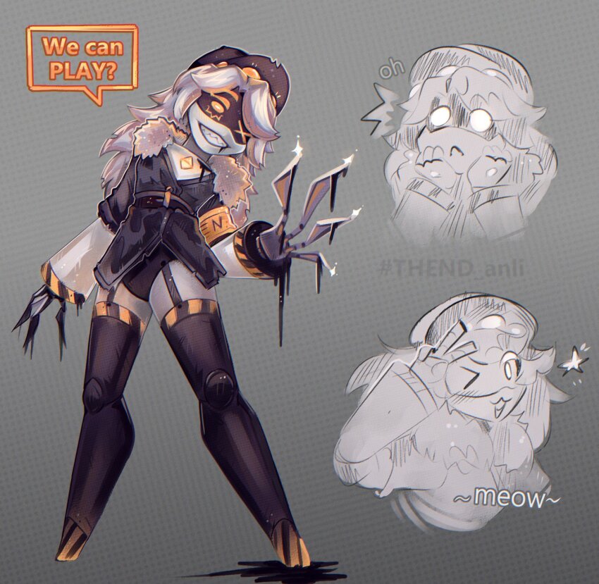 1girl :3 black_thighhighs claws coat english_text facing_viewer genderswap genderswap_(mtf) glitch_productions hat highres long_hair murder_drones n_(murder_drones) no_humans oil robot standing thighhighs yellow_eyes