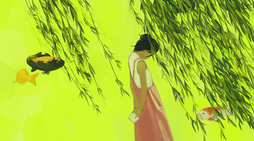 1girl black_hair choidomart dress facing_down fish flying_fish from_behind green_background hair_bun highres holding koi leaf neon_palette original outdoors plant saturated shirt simple_background sleeveless standing tree
