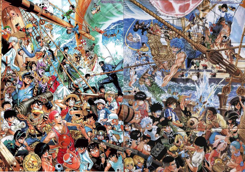 00s 10s 1990s_(style) 6+boys 6+girls absolutely_everyone akagi_takenori amidamaru arlong asakura_yoh ayukawa_madoka ball bandages basketball belt black_cat_(series) black_hair bleach blonde_hair boat boku_no_watashi_no_yusha_gaku braid braided_ponytail buggy_the_clown bulma cannon captain_tsubasa cell_(dragon_ball) chain cleaned clothes_writing coin company_connection crossover crown dai dai_(dragon_quest) dog dokonjou_gaeru dr._slump dragon_ball dragon_quest dragon_quest_dai_no_daibouken dragonball_z echizen_ryooma elizabeth_(gintama) epic everyone eyepatch eyeshield_21 facial_hair facial_mark forehead_mark fu_manchu_(mustache) fuusuke gakuran gin_(ginga_nagareboshi_gin) ginga_(franchise) ginga_nagareboshi_gin gintama goggles gon_freecss grin gun haganeno_ken hammer_(pyuu_to_fuku!_jaguar) harenchi_gakuen haruno_sakura hat hatake_kakashi headband helmet highres hikaru_no_go himura_kenshin hiroshi_(dokonjou_gaeru) hiruma_youichi houshin_engi hunter_x_hunter hyuga_kojiro i-pin ichigo_100_percent imperfect_cell jigoku_sensei_nube jojo_no_kimyou_na_bouken katana katekyo_hitman_reborn! katsuragi_yako kido_saori killua_zoldyck kimagure_orange_road kinnikuman kobayakawa_sena kochikame kon_(bleach) kuchiki_rukia kuujou_joutarou lambo long_mustache luckyman machine_pistol magical_taruruuto-kun majin_tantei_nougami_neuro maki_baoh meryem momochi_zabuza monkey_d._luffy mr._fullswing multiple_boys multiple_crossover multiple_girls murata_yuusuke mustache naruto naruto_(series) necktie nico_robin nico_robin_(whisky_peak) ninku nishino_tsukasa norimaki_arale nueno_meisuke oar ocean official_art one_piece oozora_tsubasa outdoors oyamada_manta ozora_tsubasa play_ball pop_(dragon_quest) pop_(dragon_quest_dai_no_daibouken) purple_hair pyonkichi pyuu_to_fuku!_jaguar ramenman reborn red_hair retro_artstyle ring_ni_kakero roronoa_zoro rukawa_kaede rurouni_kenshin ryoutsu_kankichi ryuuji_takane saint_seiya sakata_gintoki sakigake!!_otokojuku sakigake_otoko_jyuku sakuragi_hanamichi sanji_(one_piece) saruno_amakuni scan school_uniform seikimatatsu_leader_den_takeshi shaman_king shimura_shinpachi ship shishio_makoto shorts shounen_jump slam_dunk_(series) smile soccer_ball son_goku stand_(jojo) star_platinum stardust_crusaders submachine_gun superstarman suupuushan sven_vollfied sweatdrop sword taikoubou takane_ryuuji takao_taniguchi takeshi_(character) telstar tennis_no_ouji-sama tezuka_kunimitsu toriko toriko_(series) totemo!_luckyman tottemo!_luckyman toujou_aya train_heartnet tsurugi_momotaro unibrow usopp uzi uzumaki_naruto vegeta vest watercraft weapon white_hair