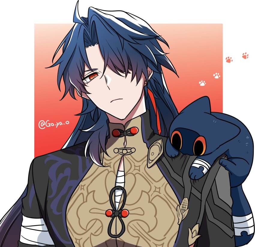 1boy animal animal_on_shoulder bandaged_arm bandaged_chest bandages black_jacket blade_(honkai:_star_rail) blade_(sesame_cake)_(honkai:_star_rail) blue_hair border commentary_request frown go_ya_o gradient_background gradient_hair hair_over_one_eye highres honkai:_star_rail honkai_(series) jacket long_hair male_focus multicolored_hair orange_background orange_eyes pawpads pectoral_cleavage pectorals shirt simple_background twitter_username upper_body white_background yellow_shirt