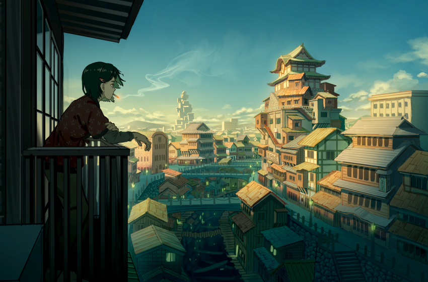absurdres architecture balcony black_pants bridge cigarette cityscape cloud cloudy_sky dawn east_asian_architecture gender_request green_hair highres lantern looking_ahead morning original oukayu pants red_shirt river shirt short_hair short_sleeves sky smoking solo town