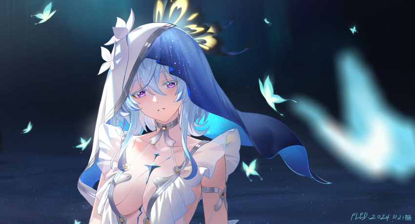 1girl absurdres armlet black_flower blue_butterfly blue_hair blue_veil breasts bug butterfly colored_eyelashes dress fled flower hair_between_eyes highres insect jewelry long_hair looking_at_viewer parted_lips purple_eyes purple_pupils silver_armlet sleeveless sleeveless_dress solo shorekeeper_(wuthering_waves) two-tone_veil veil white_dress white_veil wuthering_waves