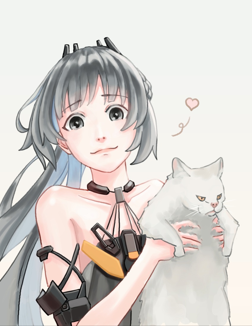 1girl absurdres animal bare_shoulders black_choker black_dress cat choker closed_mouth dress grey_eyes grey_hair hair_ornament heart highres holding holding_animal holding_cat long_hair looking_at_viewer nanami:_pulse_(pgr) nanami_(pgr) punishing:_gray_raven sidelocks sleeveless sleeveless_dress solo trashpanda_11b very_long_hair white_cat