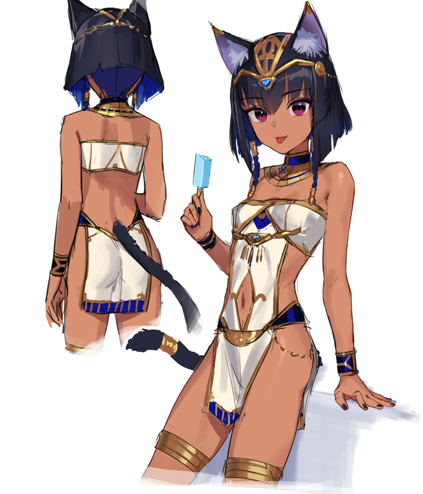 1girl :p absurdres ancient_egyptian animal_ear_fluff animal_ears ankh ass bell black_hair black_nails blue_gemstone bracelet breasts cat_ears cat_girl cat_tail closed_mouth clothing_cutout commentary_request dark-skinned_female dark_skin diamond_cutout fingernails food gem headpiece highres holding holding_food holding_popsicle jewelry jingle_bell kawakami_rokkaku light_smile looking_at_viewer multiple_views navel navel_cutout nejet_(kawakami_rokkaku) original popsicle purple_eyes revealing_clothes ribbon simple_background sketch small_breasts tail tail_ornament tail_ribbon tail_ring thighlet tongue tongue_out usekh_collar white_background