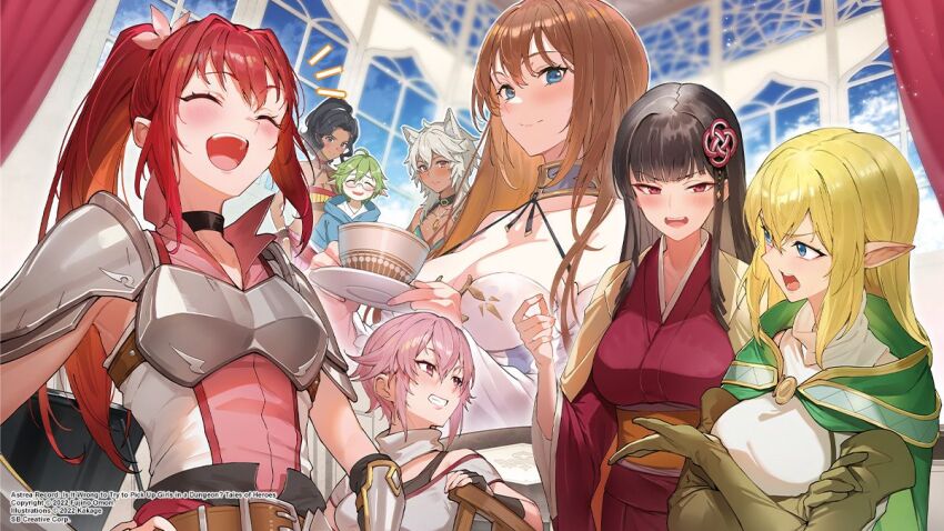 6+girls :d alise_lovell animal_ears armor artist_name astraea_(danmachi) astraea_record belt black_hair blonde_hair blue_eyes boobplate breastplate breasts brown_eyes brown_hair cape celty_srowa choker cleavage closed_eyes copyright_name cup curtains dark_skin dungeon_ni_deai_wo_motomeru_no_wa_machigatteiru_darou_ka elbow_gloves fingerless_gloves flower gloves gojouno_kaguya green_hair grey_hair grin hair_flower hair_ornament hands_on_own_hips holding holding_plate indoors iska_bra japanese_clothes kakage kimono long_hair looking_at_another lyra_(danmachi) multiple_girls neze_rankett novel_illustration obi official_art open_mouth pauldrons pink_eyes pink_hair plate pointy_ears ponytail red_eyes red_hair ryu_lion sash second-party_source short_hair shoulder_armor smile teacup vambraces window