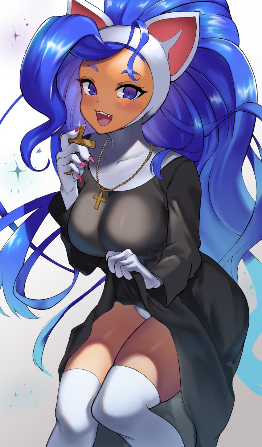 1girl animal_ears animal_hands blue_eyes blue_hair blush breasts cat_ears cat_tail cross dark-skinned_female dark_skin dress fangs felicia_(darkstalkers) highres large_breasts long_hair long_sleeves looking_at_viewer nun panties sato_one1 tail thighs underwear darkstalkers very_long_hair white_fur