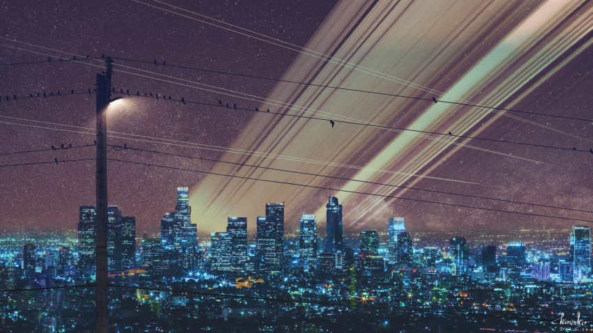 absurdres artist_name bird building chinese_commentary city city_lights commentary_request dated floodlights highres huge_filesize kinoko_no_sato night night_sky no_humans original outdoors photorealistic planetary_ring power_lines realistic scenery science_fiction signature sky skyscraper star_(sky) starry_sky utility_pole watermark