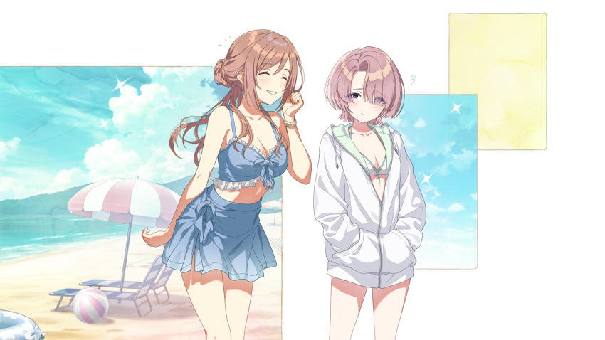2girls arimura_mao ball beach beach_umbrella beachball bikini bracelet breasts brown_hair cleavage closed_eyes cloud frills gakuen_idolmaster game_cg hair_over_one_eye hands_in_pockets highres himesaki_rinami idolmaster innertube jacket jewelry mountainous_horizon multiple_girls official_art purple_eyes smile swim_ring swimsuit umbrella water zipper